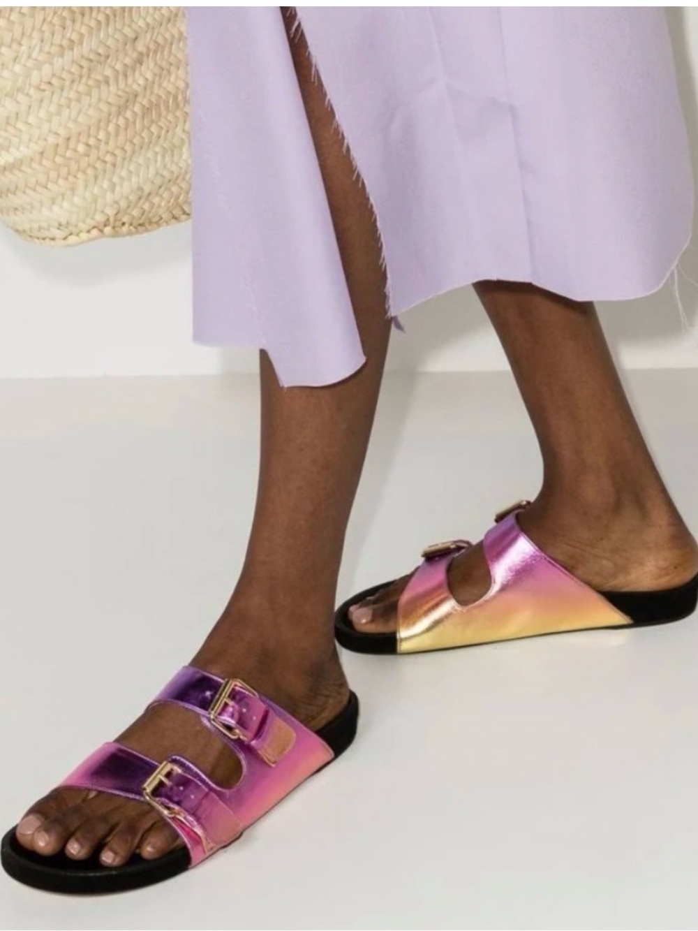 Isabel Marant Metallic Pink-Gold Double Buckle Slide Sandals